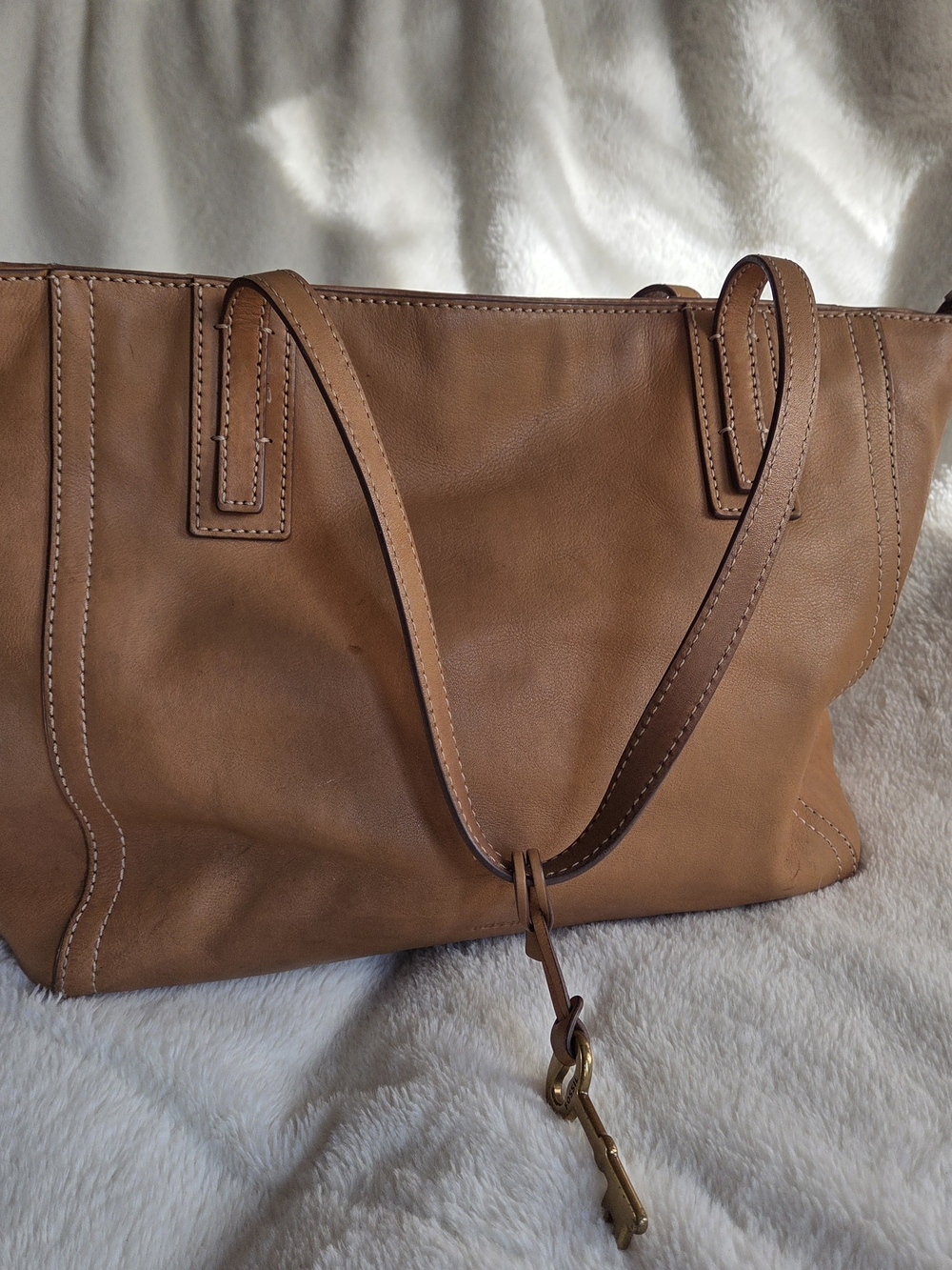 Fossil Cognac Leather Shoulder Tote with Key Charm